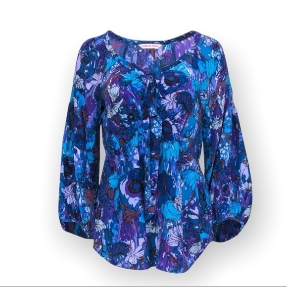 Rebecca Taylor - Purple & Blue Floral Print Long Sleeve Silk Blouse W/ Neck Tie